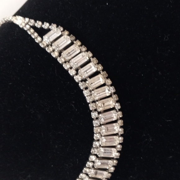 Vintage Silver Tone Rhinestone Baguette Choker Neckless - Picture 2 of 5